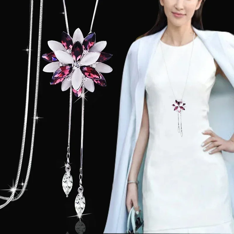 Statement Maxi Opal Crystal Snowflake Long Necklaces & Pendants for Women Jewelry Collier Femme Collar Accessories