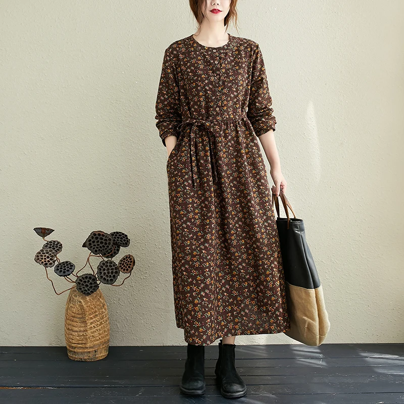 Automne coton lin imprimé fleuri grande taille Dr décontracté trajet taille ample longue Sve jupe Midi a-ligne Dr