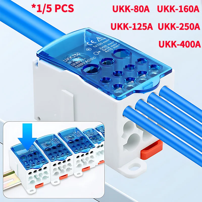 

UKK 80A/125A/160A/250A/400A Distribution Box One In Several Out Power Wire Electrical Connector Junction Din Rail Terminal Block