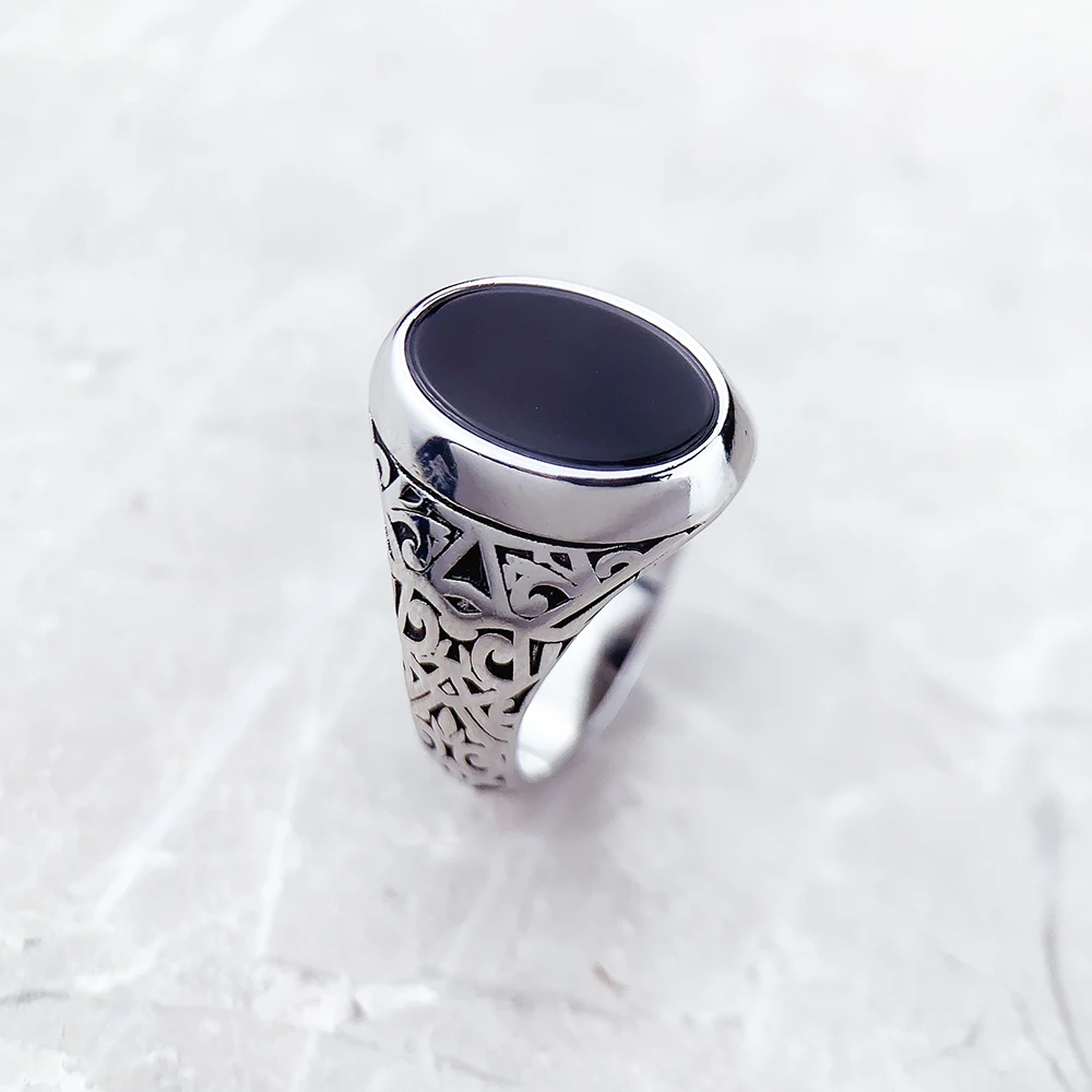 Black Oval Signet Ring Europe Style Fine Jewelry For Women Men Summer Brand New Vintage 925 Sterling Silver Gift