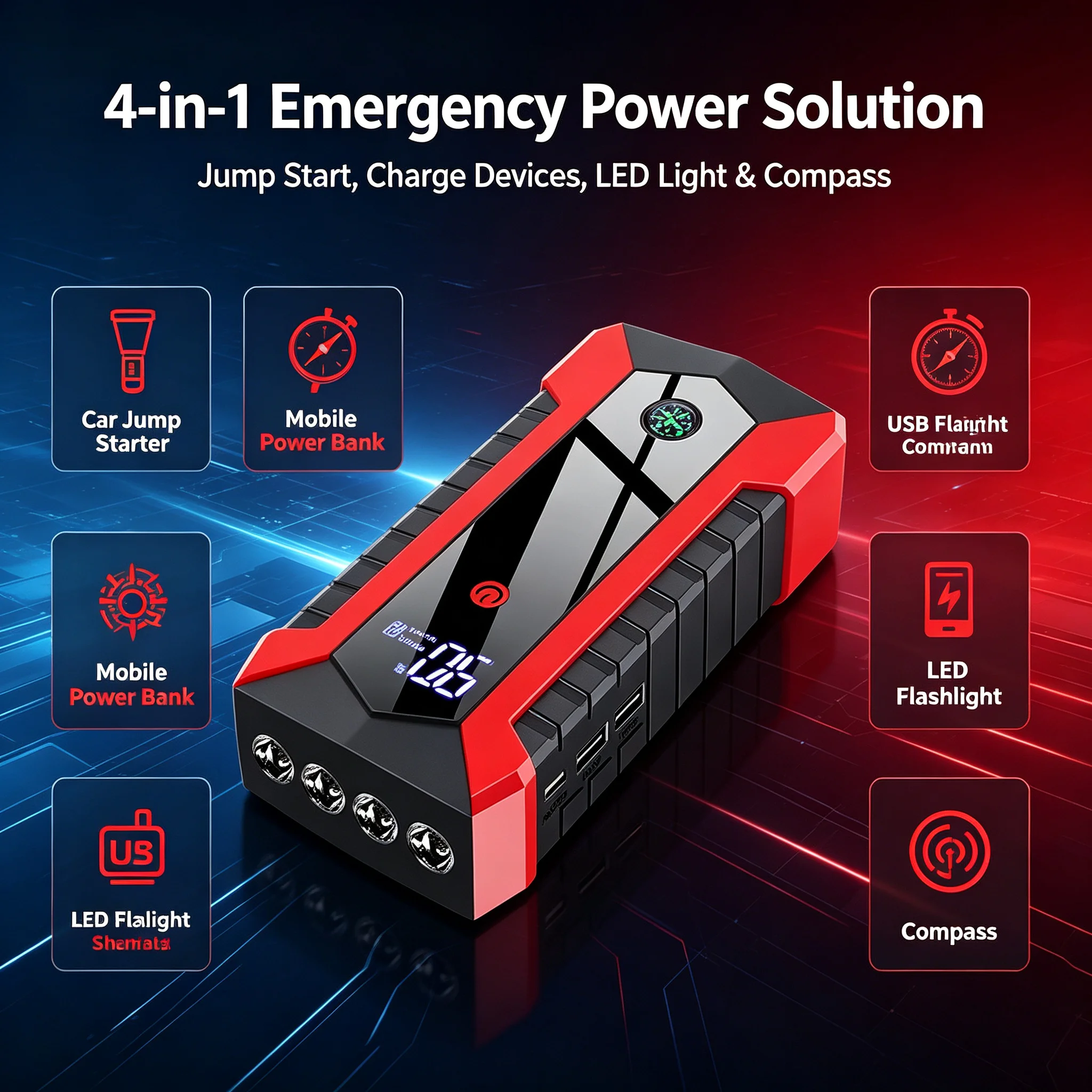 12V Car Jump Starter Kit 8000A Portable Power Bank Emergency Booster with LED Flashlight  Auto Battery Air Compressor for Tires
