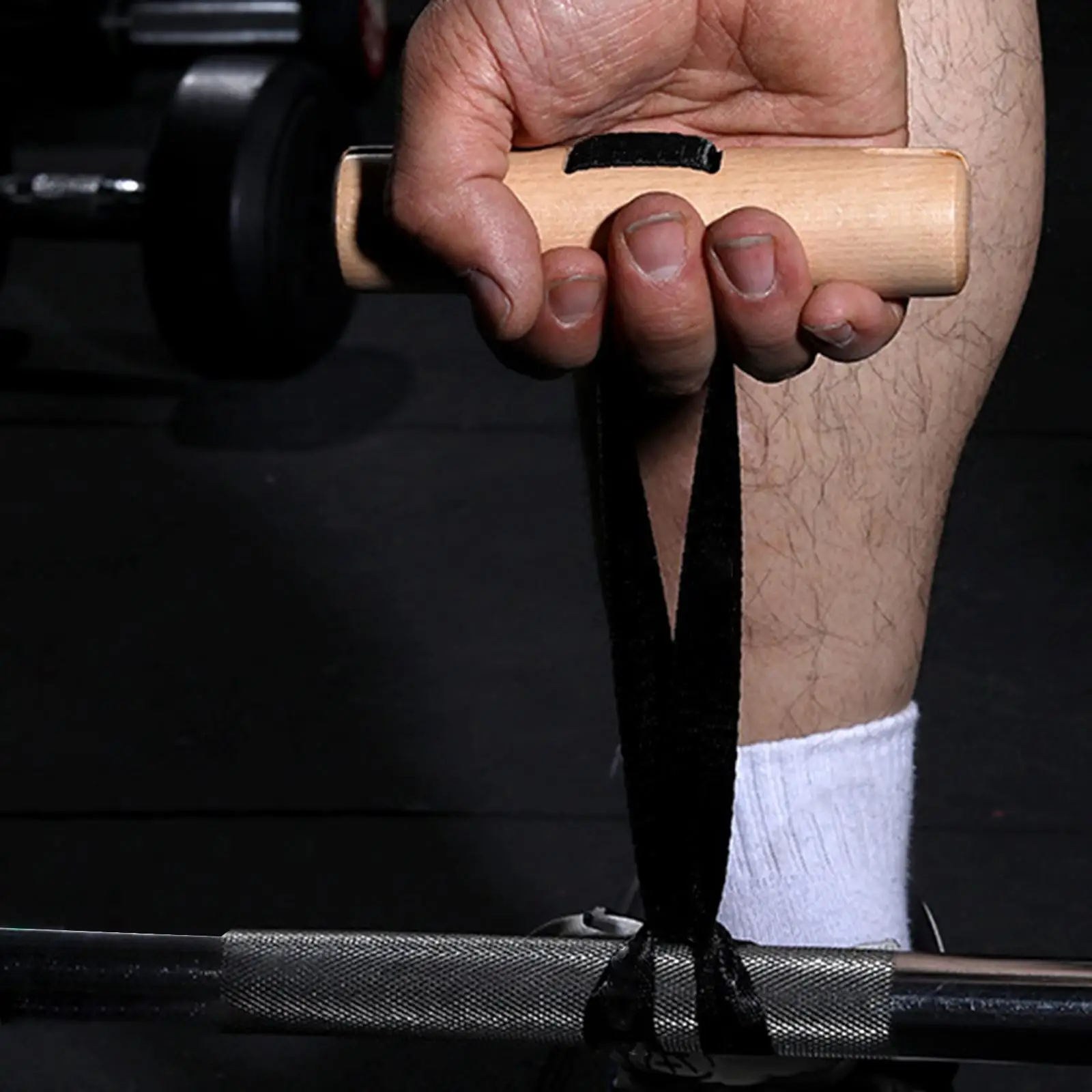 1 paio di impugnature in legno maniglia per trazioni barra per sollevamento pesi Deadlift cavo per macchina forza cinghia per allenamento maniglia