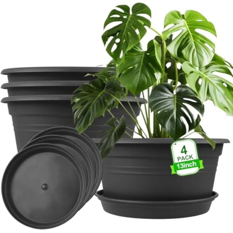 

Набор из 4 больших цветочных горшков для улицы с дренажным отверстием и поддоном, декоративные пластиковые кашпо для растений