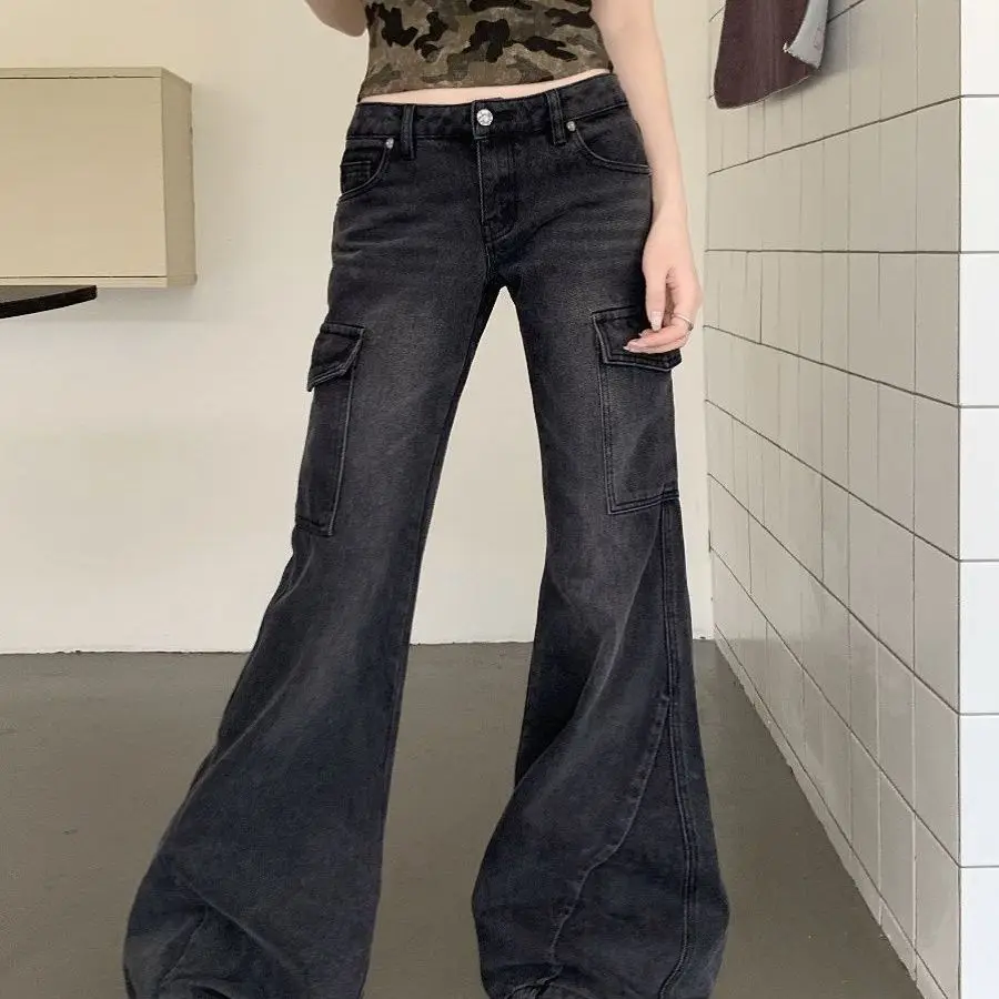 Embroidered Woman Jeans Palazzo Wide Legged Drapey Fluid Ladies Female Denim Trousers Fashion Elegant Chic Trendy Modern High