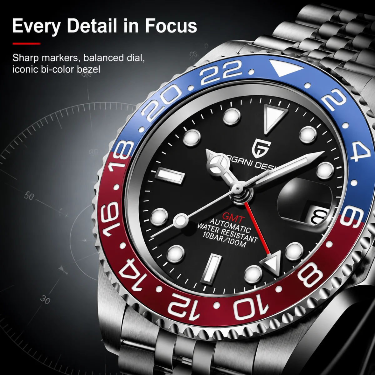 PAGANI DESIGN 40mm Luxury GMT Men Mechanical Watch Top Sapphire Glass 361L Stainless Steel 100m Waterproof Men's Automatic Mechanical Watches image 5