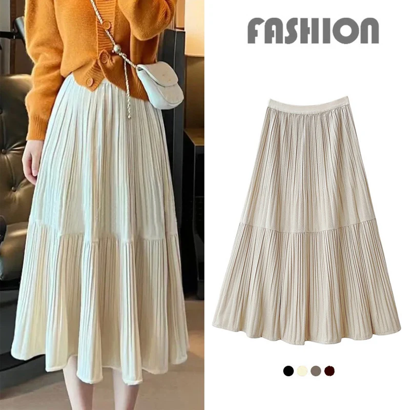 Autumn Winter Vintage Velvet Long Skirt Women 2023 New Fashion Thick Skirt Lady High Waist A Line Skirt Black Beige GrayFemale