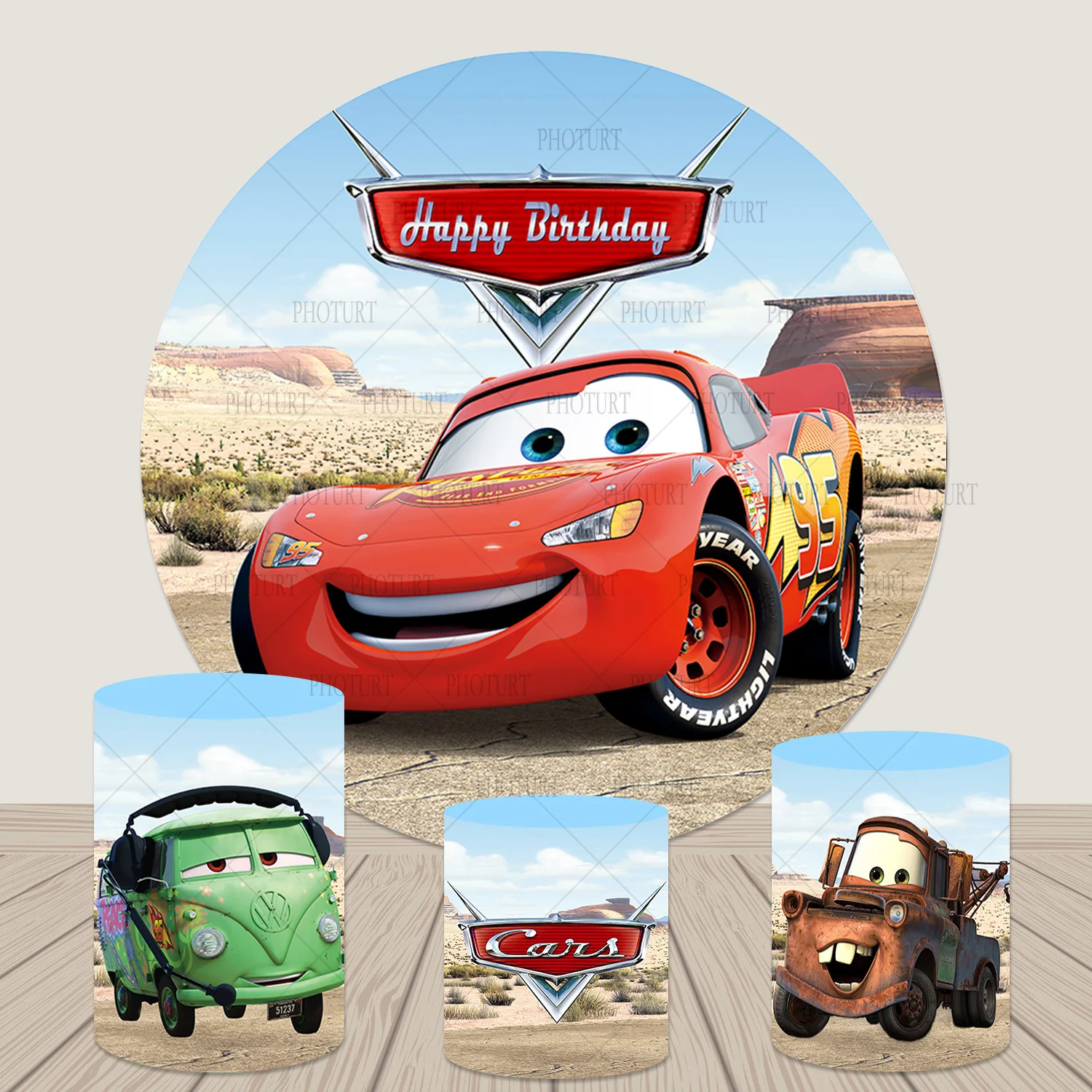 Round Disney Cars McQueen Background Birthday Party Baby Shower Photography Banner Circle Cylinder Backdrop Decoration Props