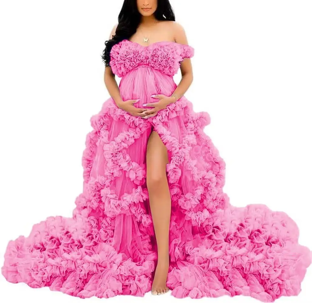 Fotoshoot & babyshower tule zwangerschapsjurk - off-shoulder, puffy ruches, elegante lange jurk voor zwangerschap