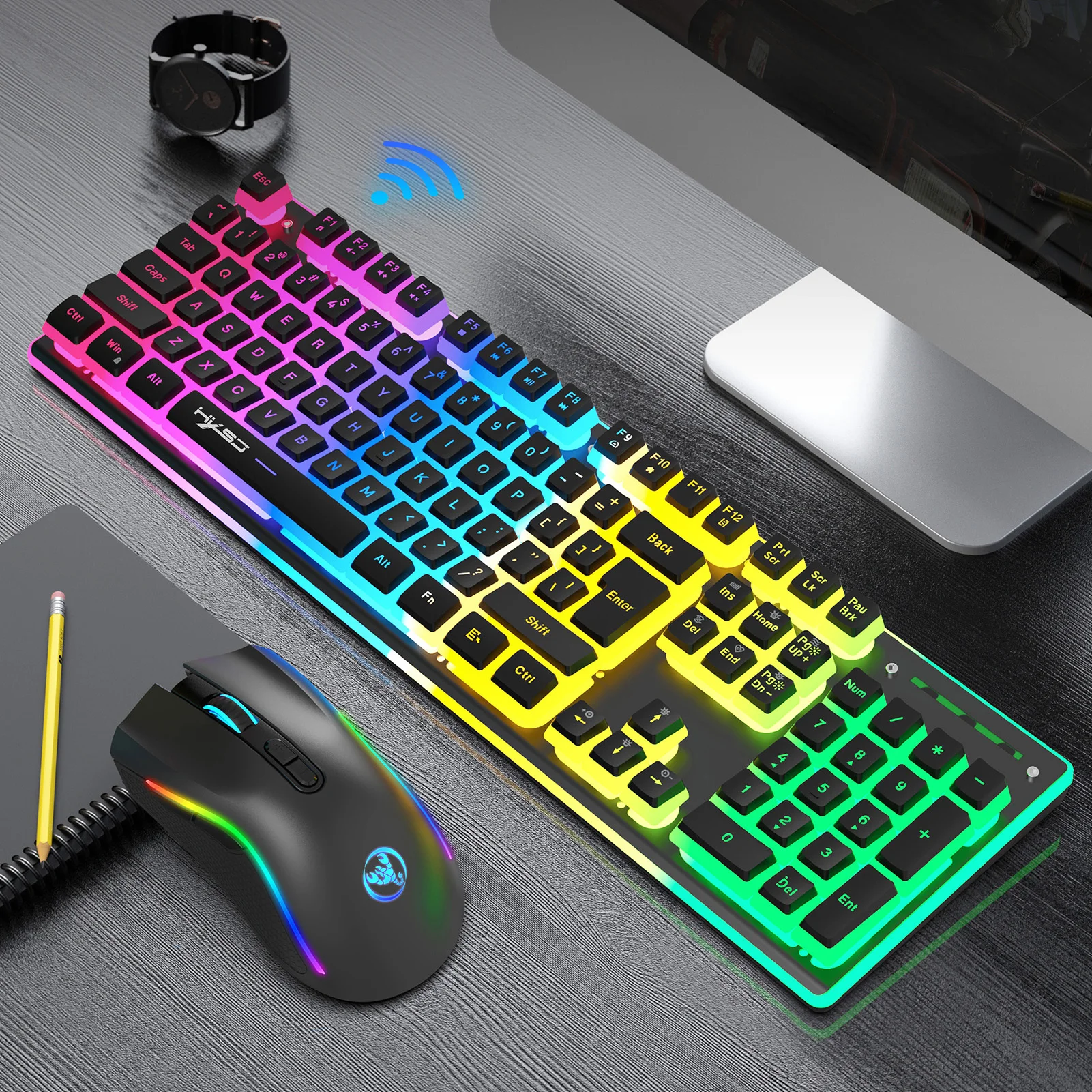 HXSJ L96 2.4G Wireless RGB Backlit Keyboard and Mouse Combo 104 Keys Gaming Keypads Adustable 4800DPI Mouse For Computer Gamer