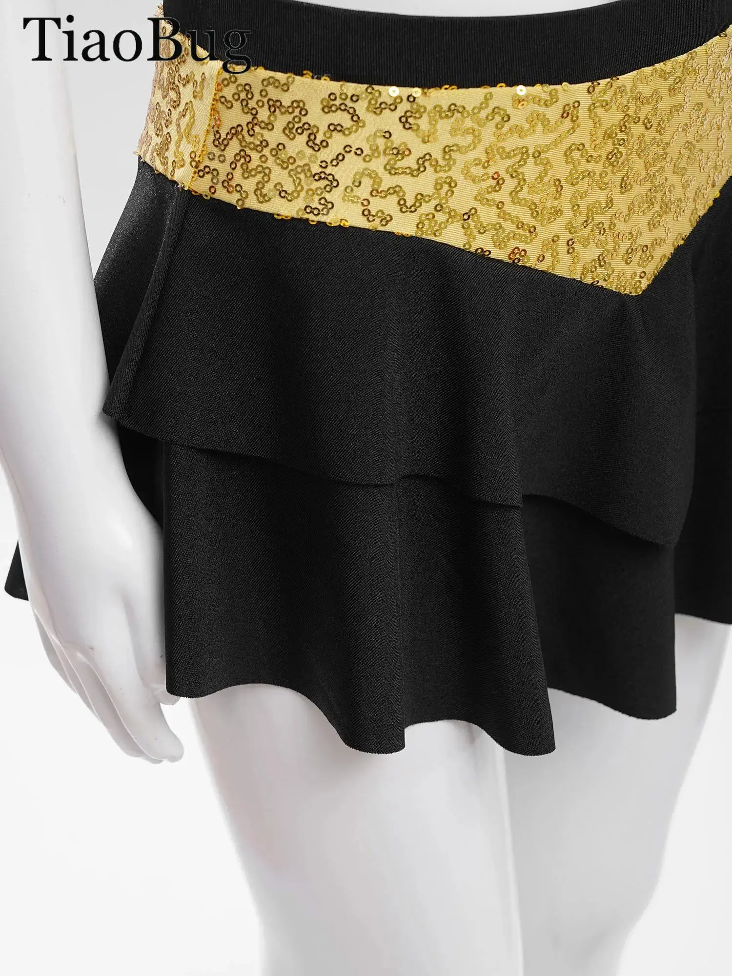 

Girls Hip Hop Jazz Dance Costume Sleeveless Cutout Sheer Mesh Shiny Sequins Crop Top with Tiered Skirt Cheerleading Dan