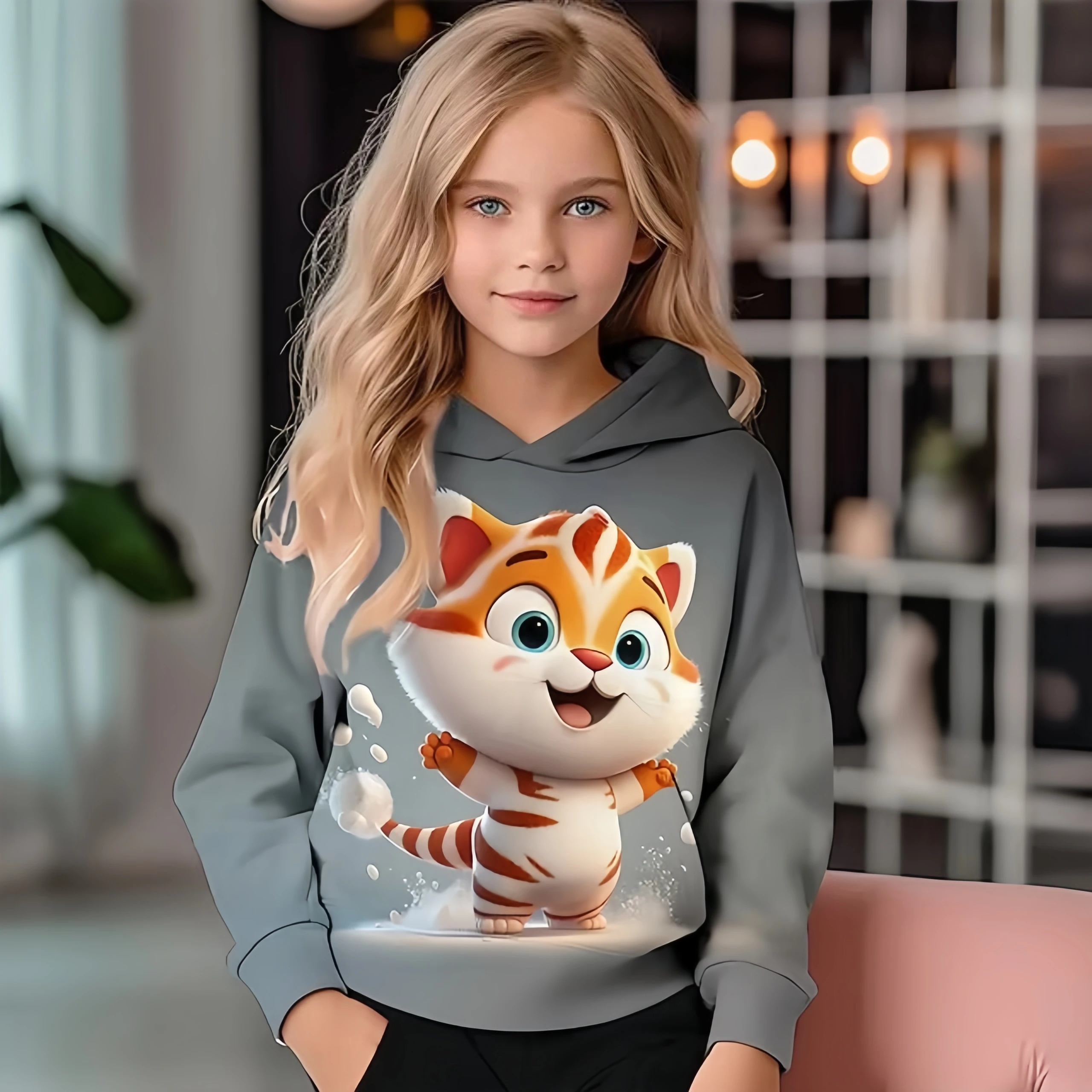 Girl Clothes 3D Print Cartoon Cat Tiger Graphic Hoodies Children Clothing 2-10y for Animals Lover Outdoor Breathable Sweatshirt