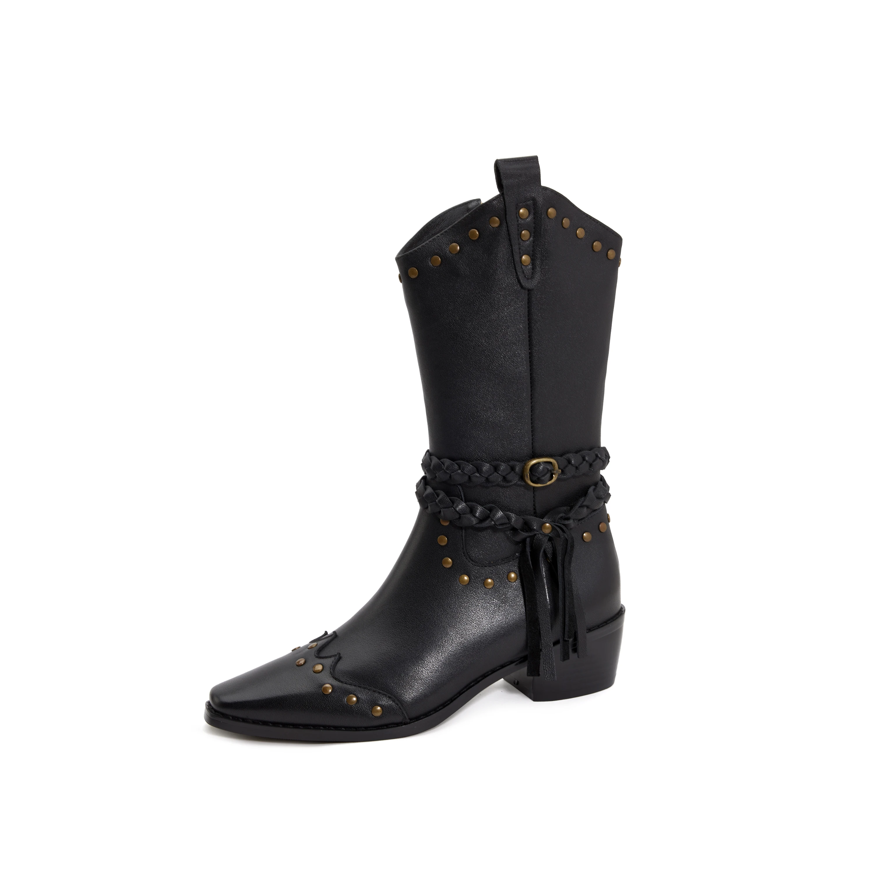 Genuine Leather Western Cowboy Booties Ankle Boots,Rivet womans boots,knight boots,Modern boots,Chunky Punk boots