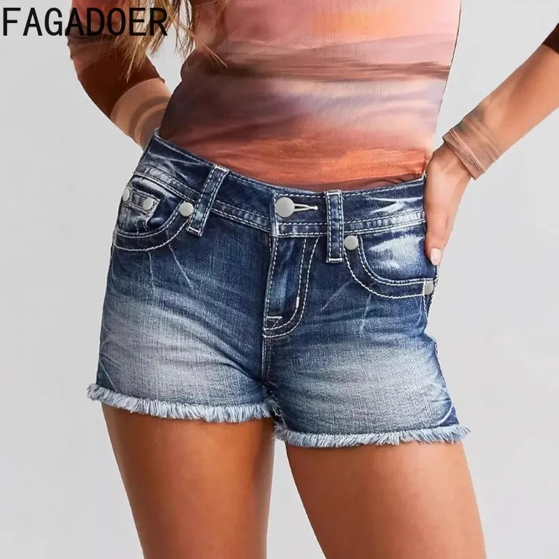 FAGADOER Y2k Retro Fashion Tassels Patchwork Denim Shorts Women Blue American Vintage High Waist Jeans Shorts Hot Girl Bottoms