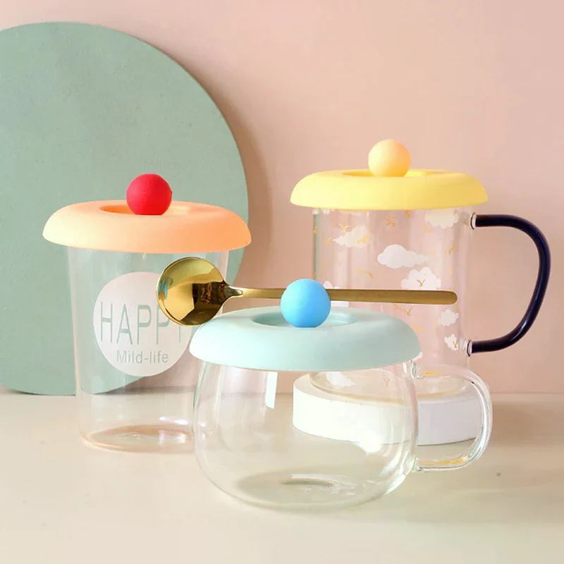 Cover Non-toxic Silicone Round Universal Water Cup Lid Anti-dust Coffee Mug Sealed Cap With Spoon Holder Heat-Resistant Lid Cup