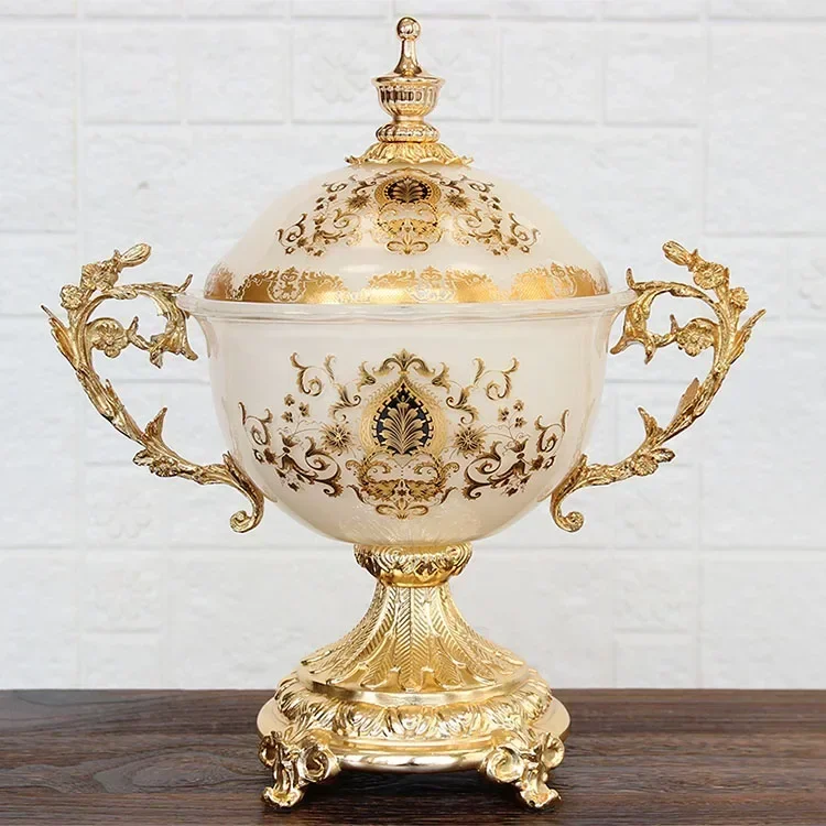 خزان تخزين زجاجي مصنوع من خليط معدني على الطراز الأوروبي، وزخارف ناعمة لغرفة نموذجية الفيلا، وحرف يدوية لمدخل غرفة المعيشة الفاخرة #6