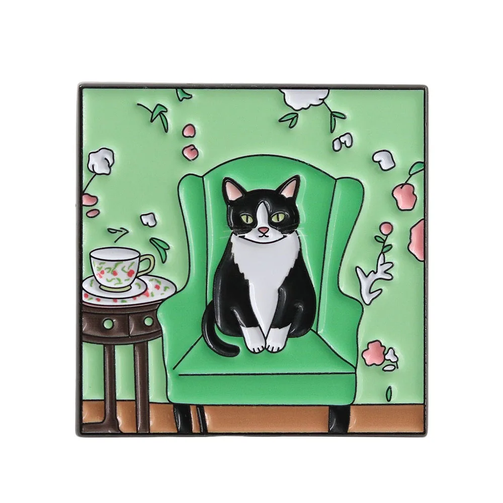 Funny Tuxedo Cat Enamel Pin Vintage Folk Art Style Cat On Green Armchair Brooch Cute Kitten Tea Time Badge For Cat Lovers Gift