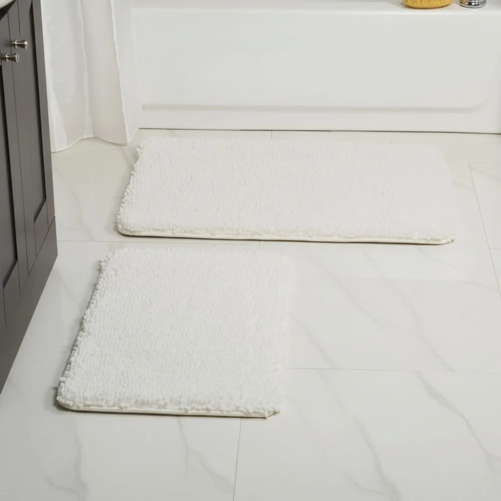 

2-Piece Memory Foam Shag Bath Mat Set, Soft Absorbent Bathroom Rug, 32x21 Inch White