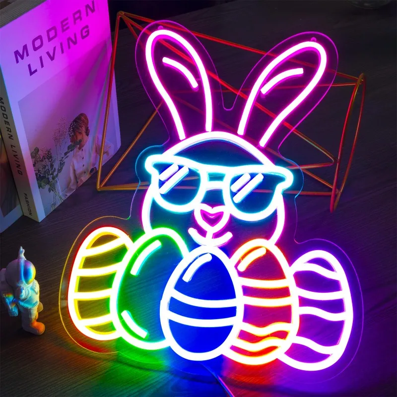 Easter Neon Sign Bunny Decorations Wall LED Easter Window Lights Kids Gift Dimmable Easter Egg Lights Party (16.1'' x 12.9'')