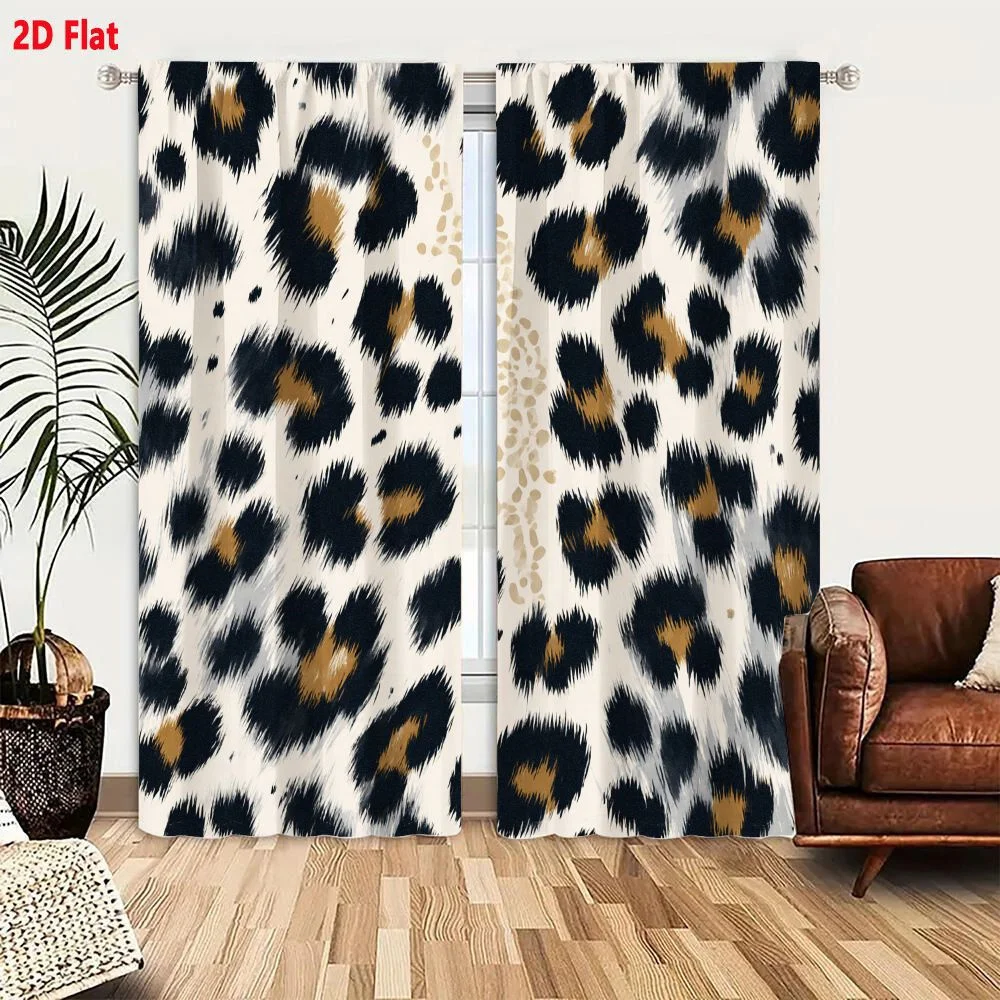 2Pcs Curtains 2D Flat Leopard Cheetah Fur Pattern With Irregular Black Spots Golden Brown Tan Accents On White Light Beige Backg