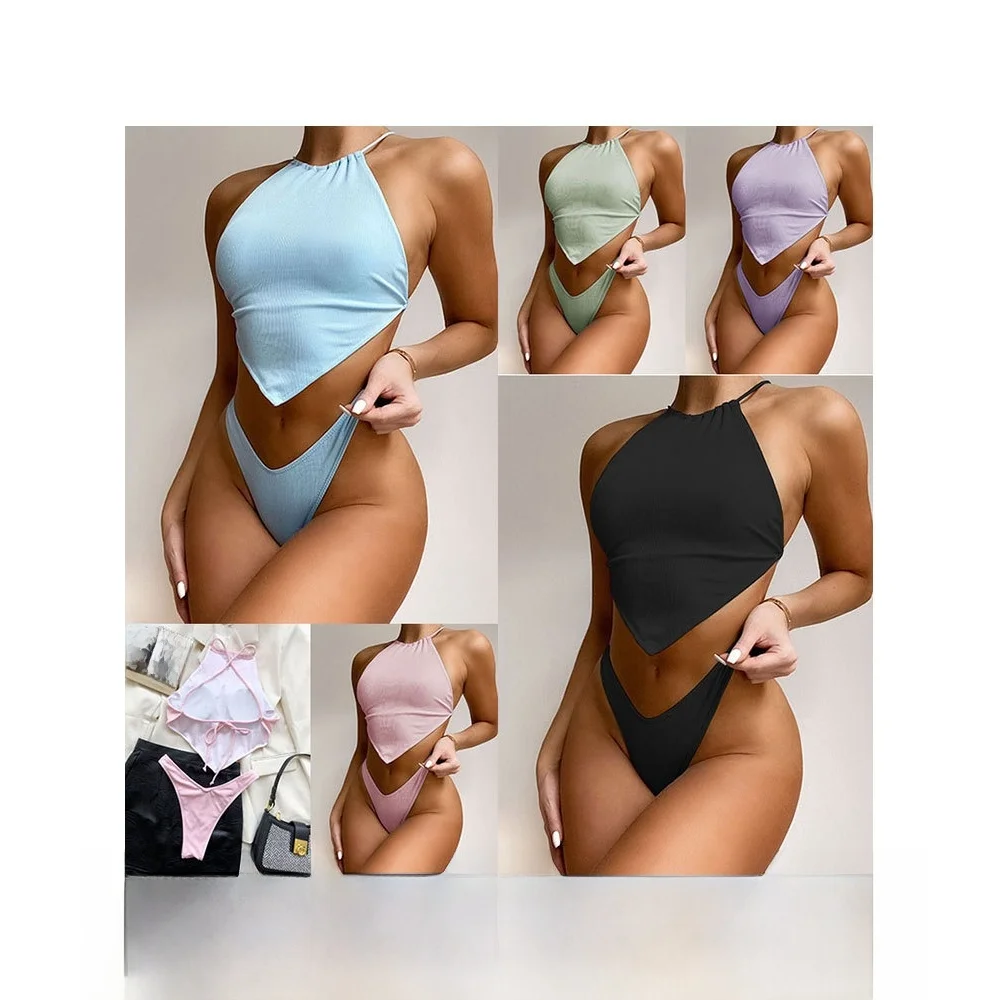 

Bikini Top Bottom Separate High Waist Long Pants Polyester Fiber Cross-Border New Style Belly Strap Swimsuit Independent Station