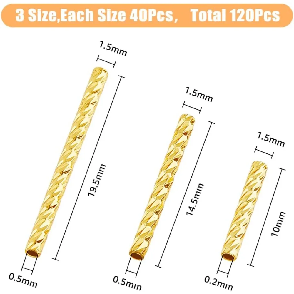 120pcs 3 Sizes Golden Twist Tube Spacer Beads Elegant Curved Tube Beads for Women Daily Wear Glossy Noodles Beads