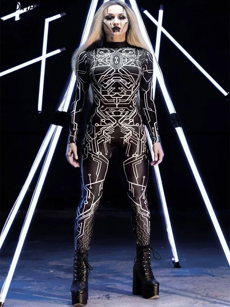 

Cosplay Halloween Fancy Robot 3D Punk Circuit Printed Spandex Cosplay Women Sexy Jumpsuits Adult Unisex Zentai Bodysuit Catsuit