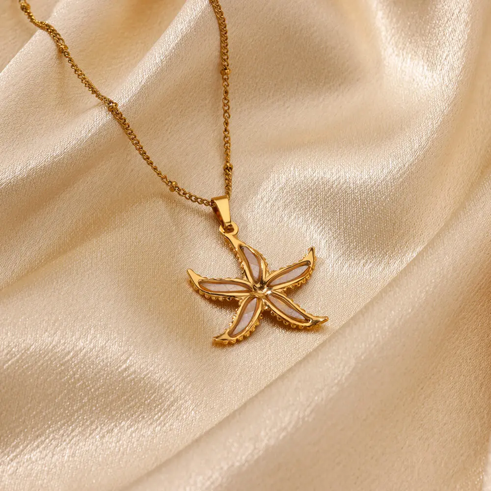 Bright Laser Starfish Stainless Steel Necklace Gold Color Necklaces Women Vintage Party Vacation Charm Jewelry Accessories Gifts