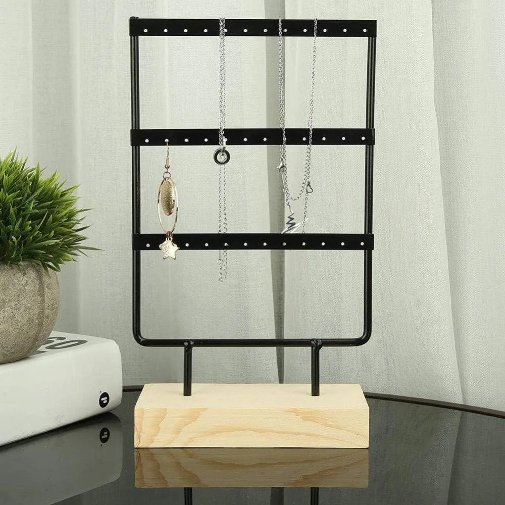 Wood Iron Jewelry Storage Rack Black 36 Holes Earring Holder Stand 3 Tier with Base Earring Display Stand Home Organization