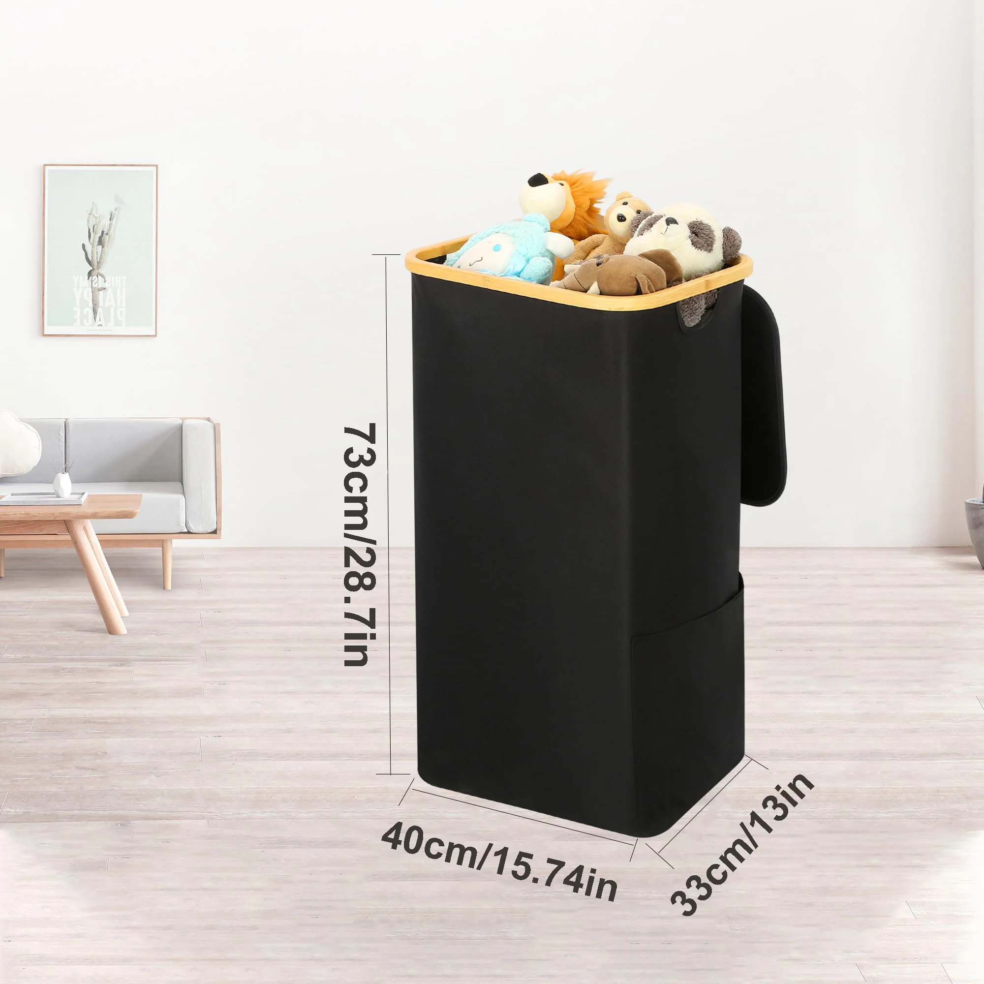 سلة غسيل قابلة للطي بسعة كبيرة 26.42 جالون مع مقابض من الخيزران، بطانة قابلة للإزالة، سلة غسيل من النايلون بجيب جانبي مع غطاء