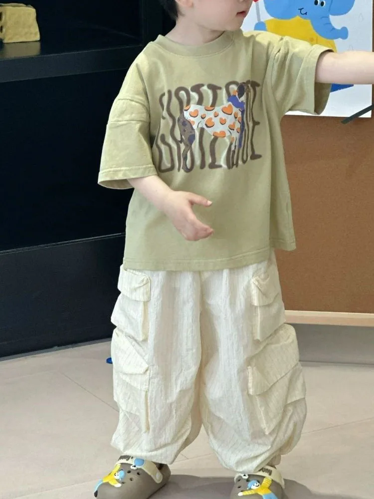 

Children's Short Sleeve Set 2025 New Summer Boys' Printed T-shirt Baby Ultra Thin Work Clothes Leggings Sets for Children