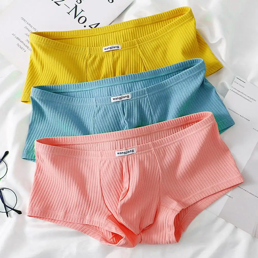 

Men Boxer Underwear Low-rise Solid Color Ribbed Shorts Briefs Quick Drying U-Convex Bag Thin Panties