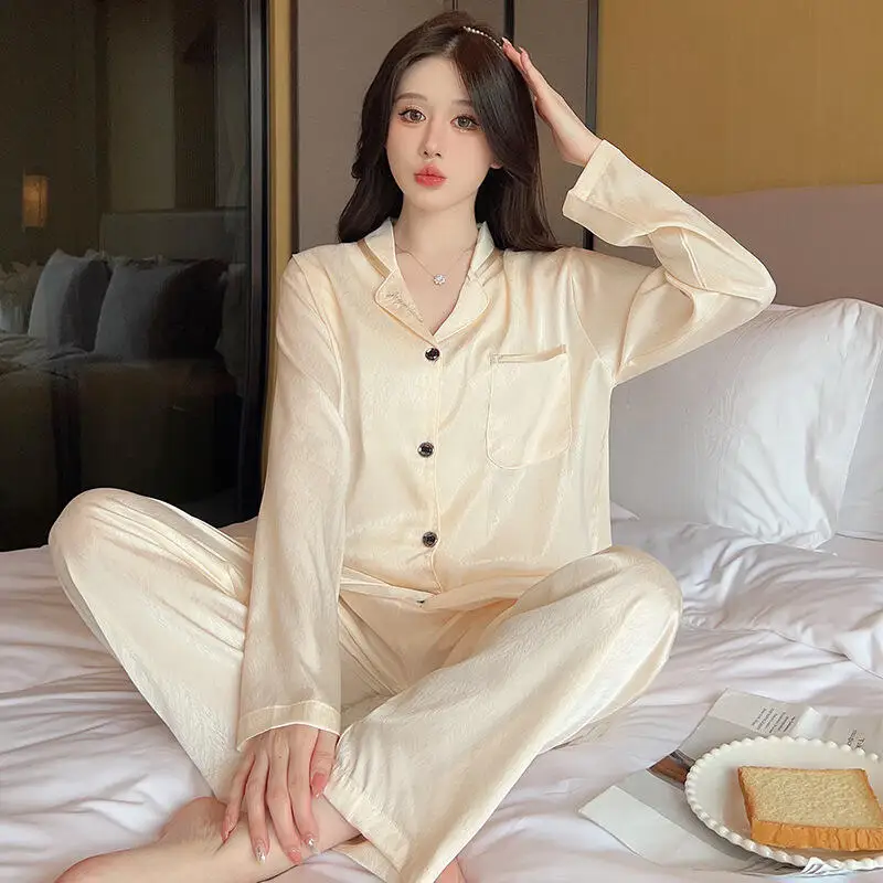 

Весенне-осенняя минималистичная саржевая жаккардовая пижама из ледяного шелка, женские брюки с длинными рукавами, домашний наряд из двух частей, новый стиль