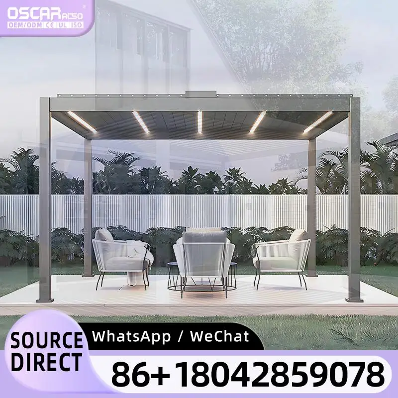 

Садовая терраса, биоклиматическая регулируемая алюминиевая крыша с жалюзи и дополнительным аксессуаром для экрана, пергола