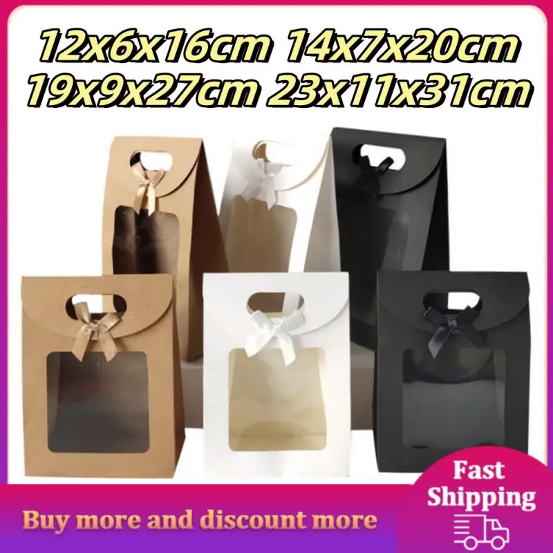 Kraft Paper Gift Bag With Clear Window Black/White Gift Bags With Handle Candy Biscuits Cake Packing Box Eid Mubarak Christmas