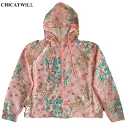 Jaqueta elegante de lantejoulas feminina, Chique europeu, Bling colorido, casaco rosa floral, casual com capuz solto de mangas compridas, Casacos, Primavera