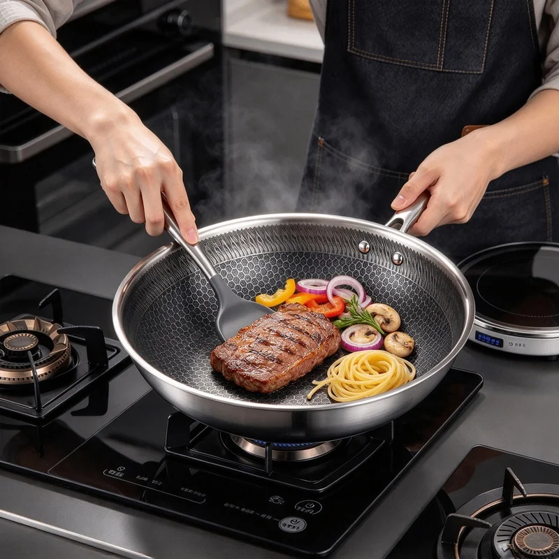 Honeycomb 316 Stainless Steel Wok, Tri-Ply Construction Nonstick Skillet, Suitable for Gas & Induction Cooking