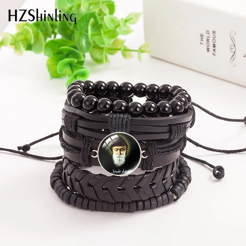 2021 New 5pcs/set Saint Charbel Leather Bracelet Glass Dome Photo Jewelry Men Women Handmade