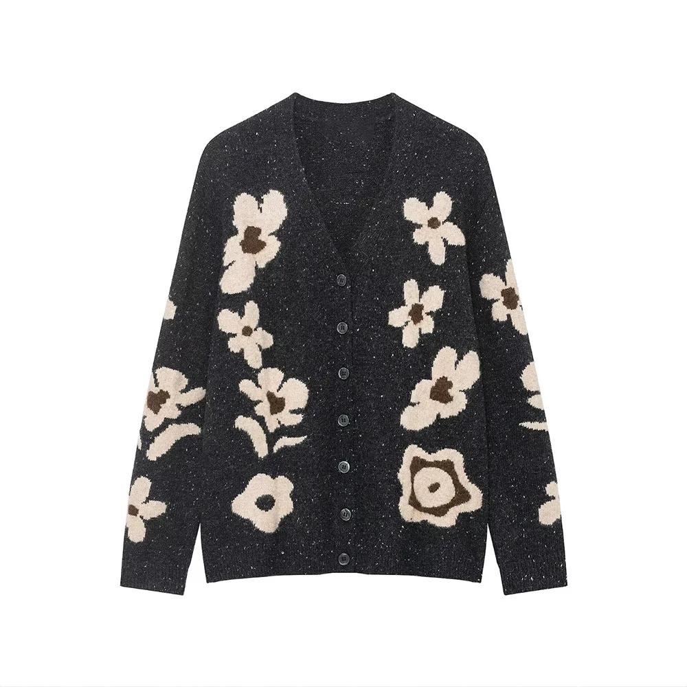 

Autumn and winter new fashionable literary youth floral jacquard knitted jacket loose version top