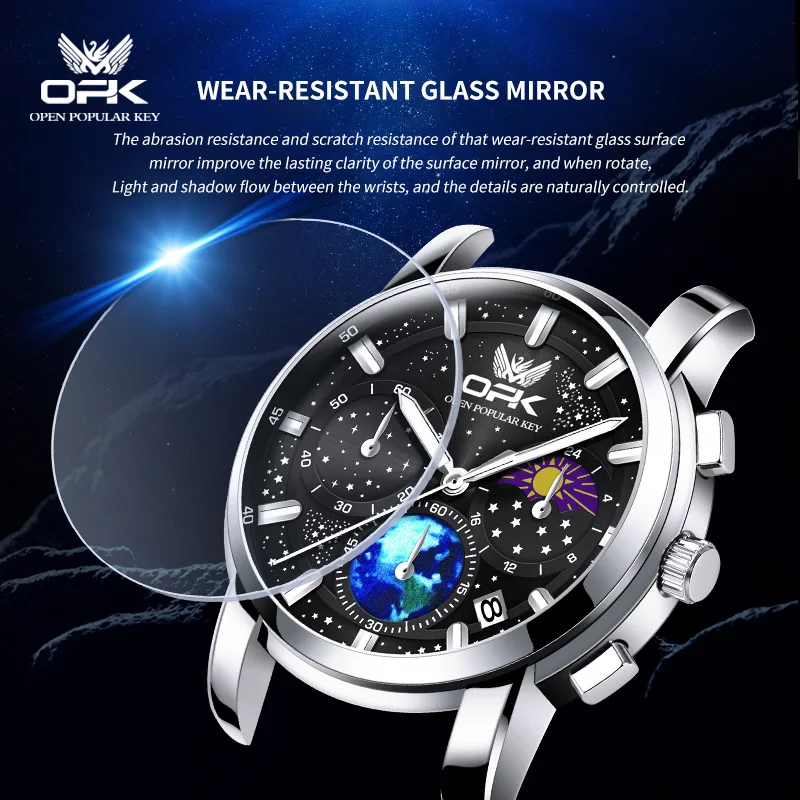 OPK 8142 Mens Watch Simple Original Quartz Watch Stainless Steel Date Moon Watches For Man Waterproof Luminous Calendar Watch
