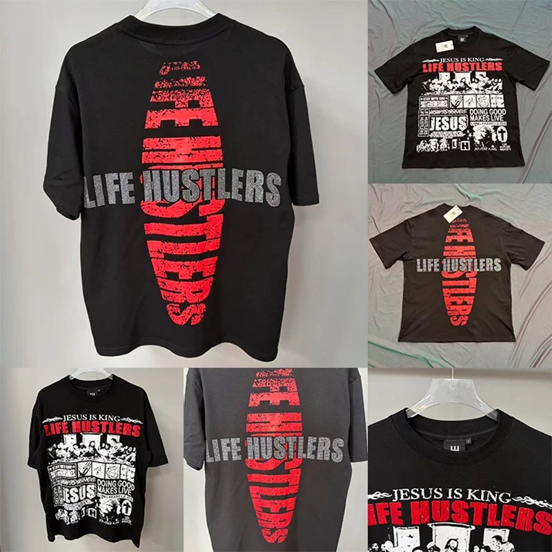 

2026 Summer Life Hustlers Short-sleeved T-shirts Retro Direct Print Red Rhinestones Letter Trendy Casual T Shirt Top Men Women