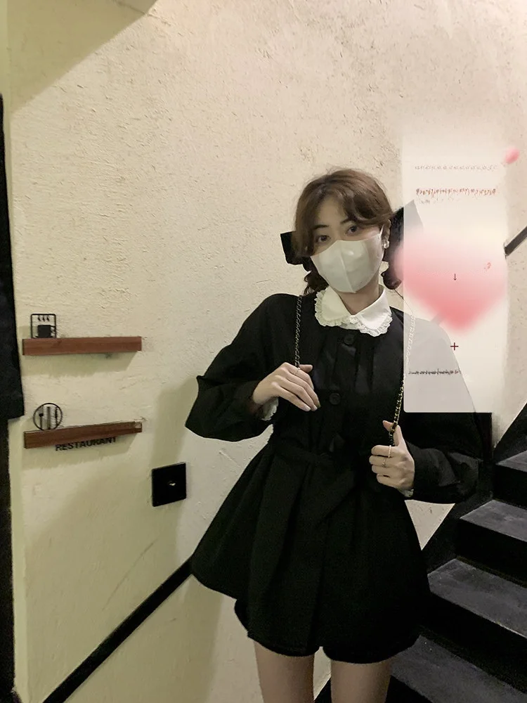 

PtonUmi Hepburn Miss ort Korean Sle Mid-Length Bla Coat Women Spring Pure Color Collar Single Button Long Sve