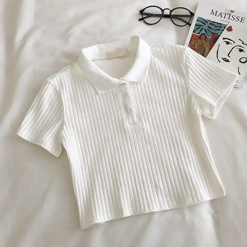 Women Knit School Polo Neck Cropped Shirt Summer Short Sleeve Youthful Solid Color Crop Top Female Basic Blouse Lady Pullover