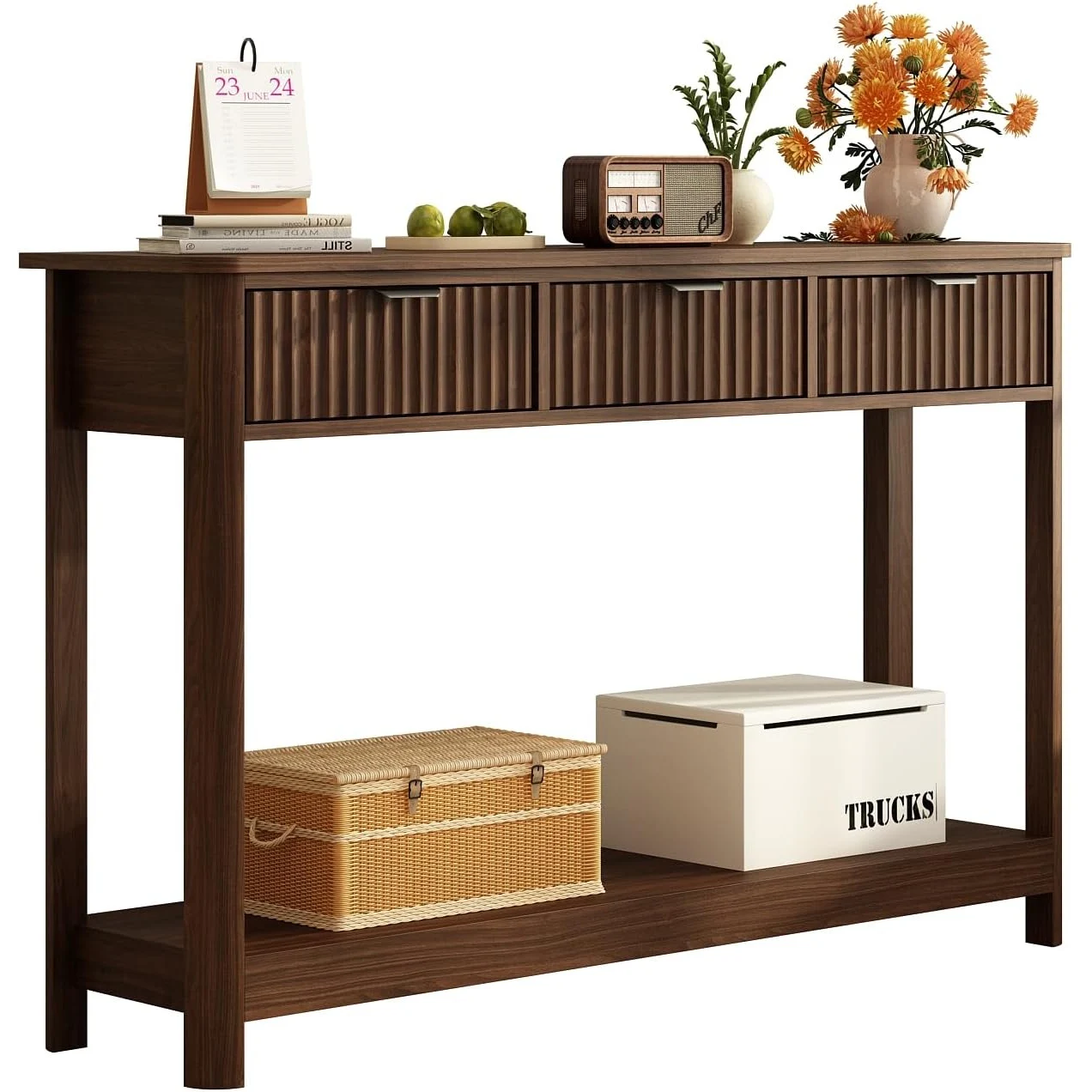 Fluted Wood 47.2" Boho Console Table with 3 Drawers