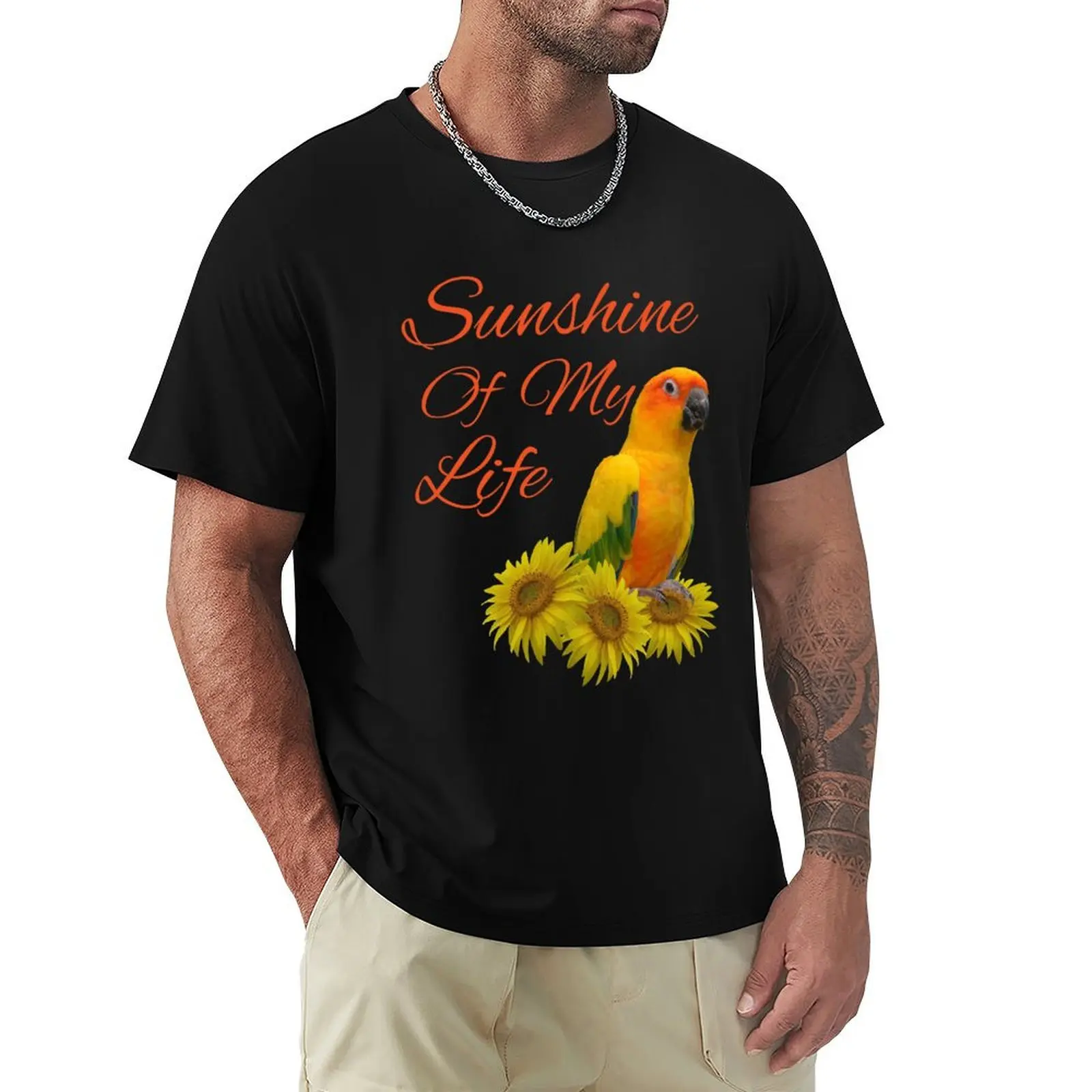 

Sun Conure Parrot Sunshine Sunflower T-Shirt Casual Loose Short Sleeve Tee for Men