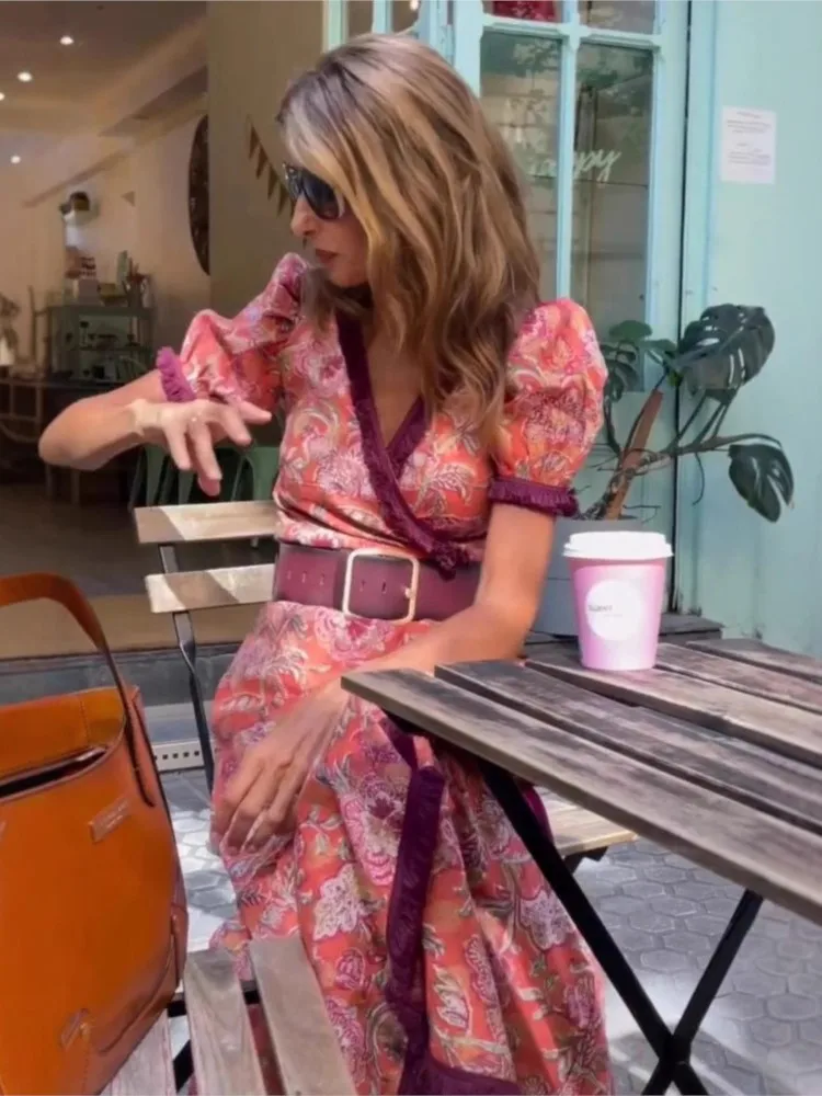 Elegant V-neck Short-sleeved Dress Women's Fashion Spring Summer Flower Printing Irregular Casual Vacation Boho Dresses Female