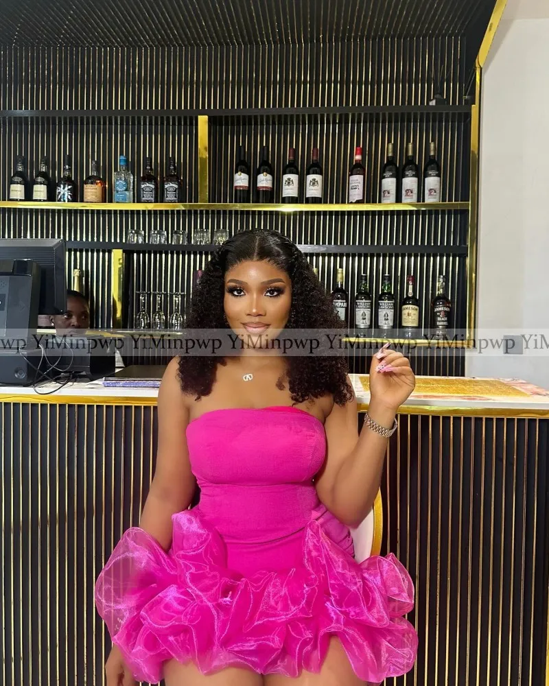 Hot Pink Cocktail Dresses for Black Girls Strapless Ruched Short Mini Bodycon Africa Women Birthday Party Gowns Customized