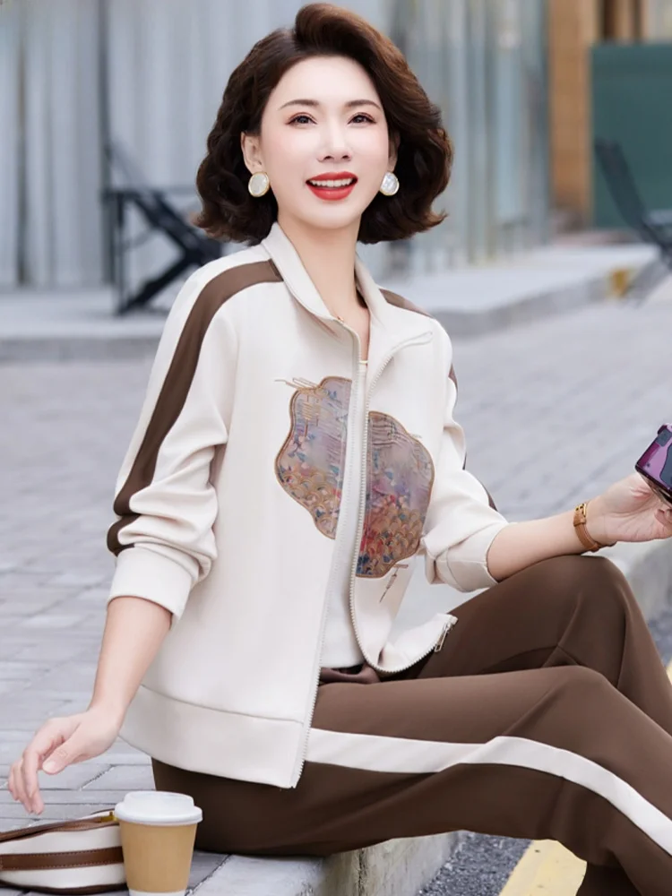 

Spring Faion Sportswear Set for Mom Casual Large Size Top And Bot Traditional Chinese Sle Loose Fit Long Pants Zipper...