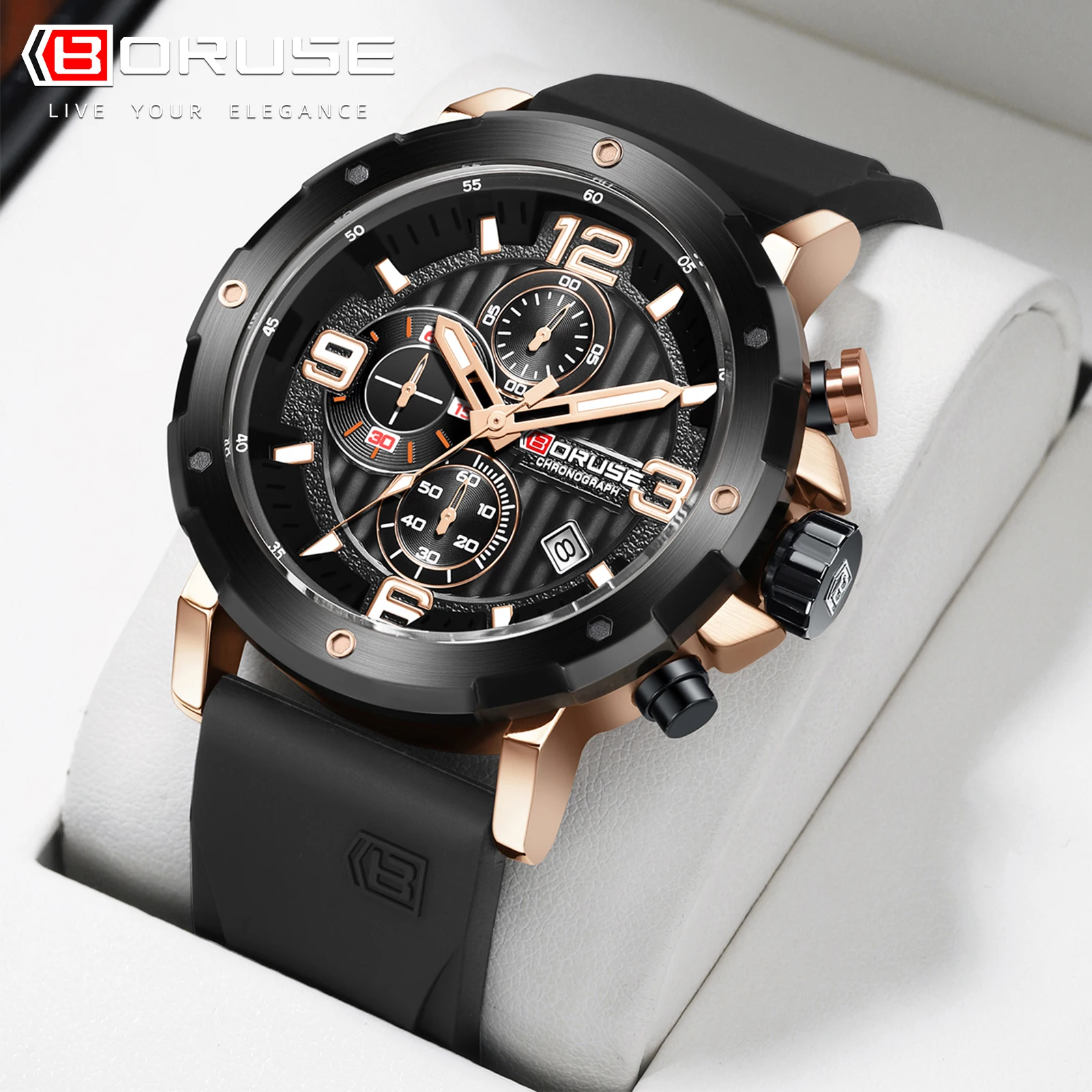 BORUSE Design Sports Men Quartz Wristwatch Luxury Bussiness Watch for Men Stainless Steel Waterproof Clock Relogios Masculino