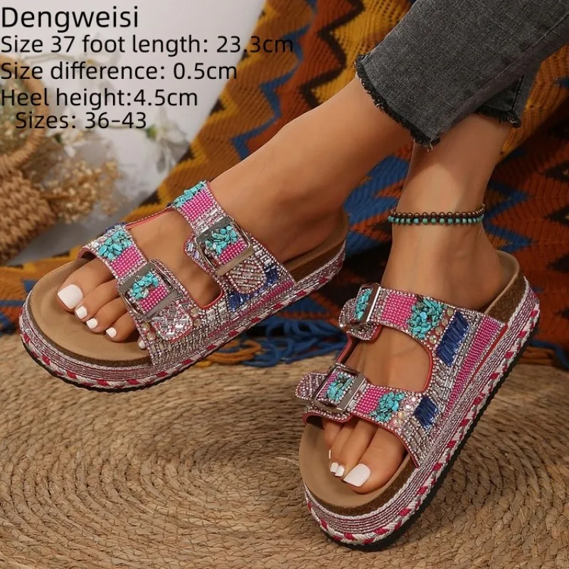 

Fashion Pink Beaded Platform Wedge Women's Sandals Rhinestone Double Buckle Beach Women's Slippers Bohemian Cork Woman's Shoes