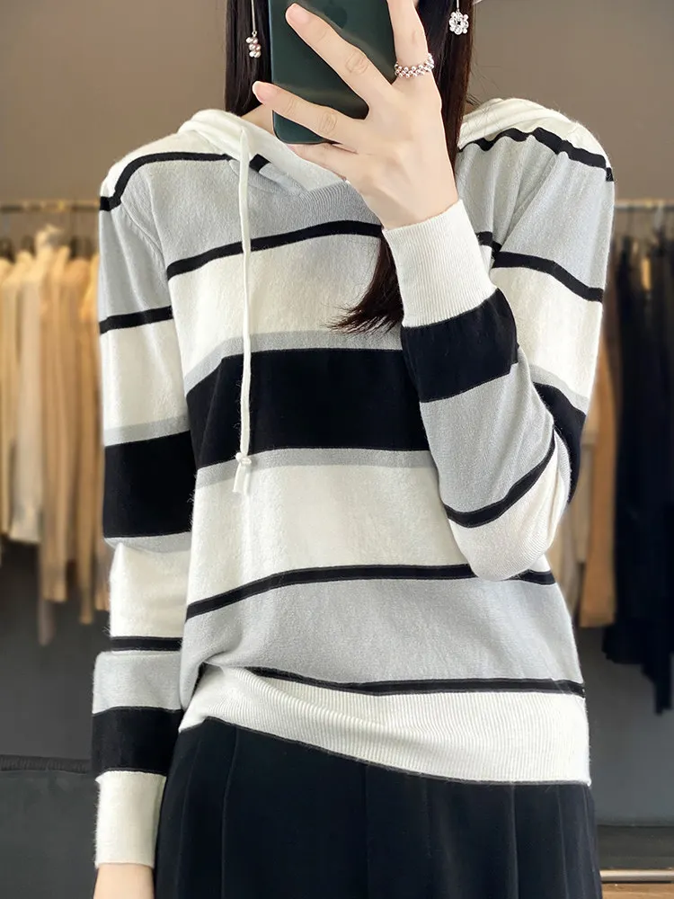 

Autumn Winter New Style Casual Knitted Sweater Loose Slimming Comfortable Versatile Retro Striped Fashionable Outerwear Top
